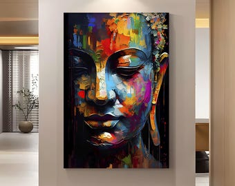 Abstract Buddha Canvas Art, Colorful Meditation Painting, Mystical Room Decor