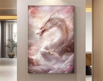 White Dragon Fantasy Canvas Wall Art, Mystical Creature Painting, Mythical Beast Artwork, Fantasy Decor