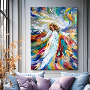 May include: An abstract painting depicts a figure in a white gown with outstretched arms, surrounded by a vibrant explosion of color. The artwork features bold brushstrokes in shades of blue, yellow, red, and green, creating a dynamic and expressive composition.