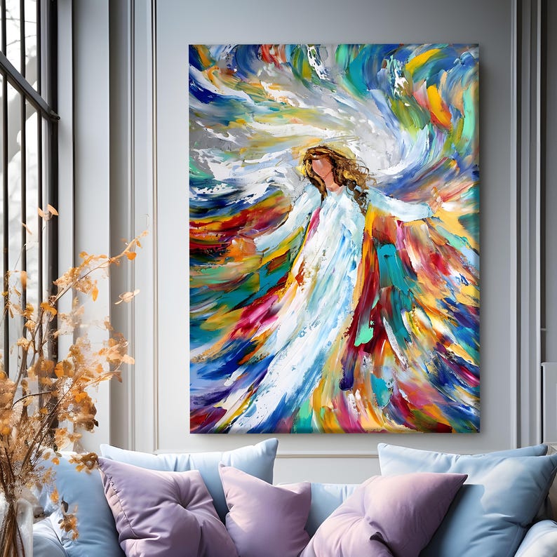 May include: An abstract painting depicts a figure in a white gown with outstretched arms, surrounded by a vibrant explosion of color. The artwork features bold brushstrokes in shades of blue, yellow, red, and green, creating a dynamic and expressive composition.