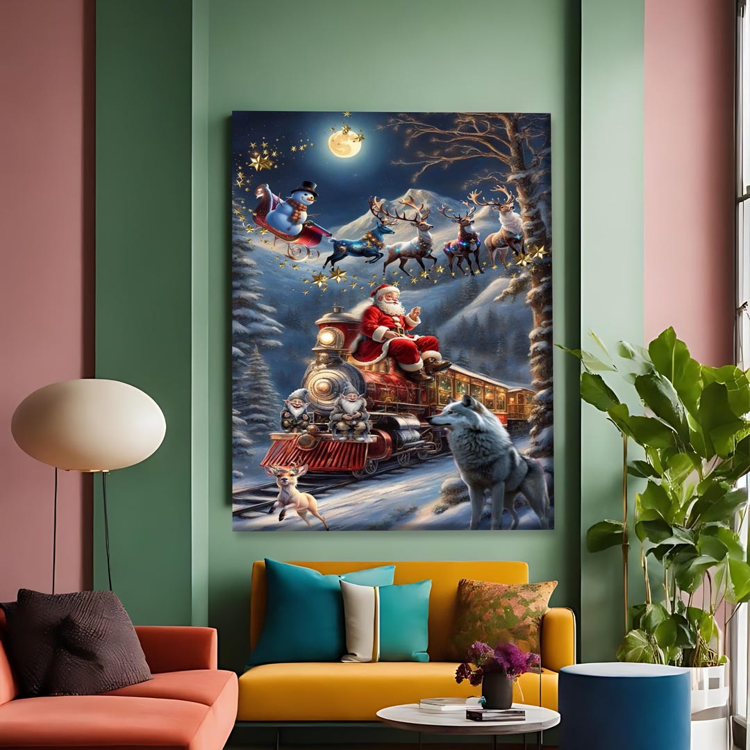 Santa Sleigh Ride Winter Scene Canvas, Wall Art, Holiday Santa Reindeer ...