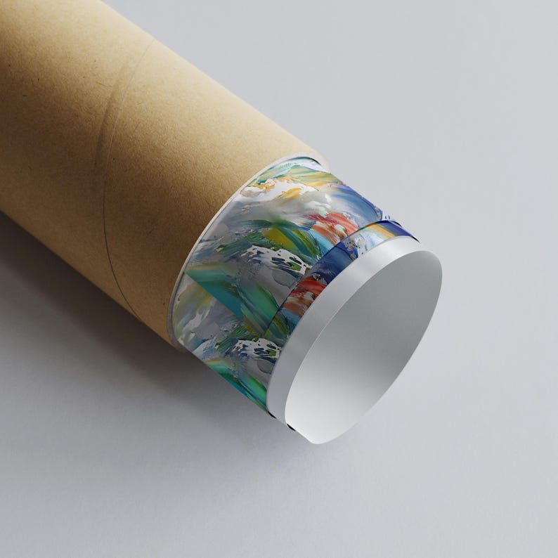 May include: A rolled-up poster in a brown cardboard tube. The edge of the poster displays a colorful abstract painting with blue, green, red, and white brushstrokes. The tube is on a white surface.