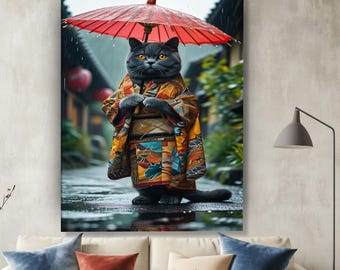 Samurai Cat Canvas Art, Kimono Cat Wall Decor, Japanese Umbrella Fantasy Portrait