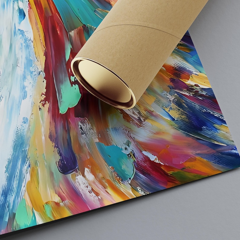 May include: An abstract art print with a vibrant palette of colors, including blue, red, yellow, and teal. The artwork features thick brushstrokes and a textured appearance. A brown cardboard tube with gold accents rests on the corner of the print.