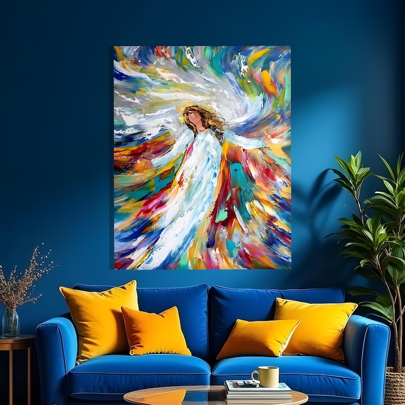 May include: An abstract painting depicts a figure in a white robe with outstretched arms, surrounded by a vibrant explosion of color. The artwork features bold brushstrokes in shades of white, blue, yellow, and red, creating a dynamic and energetic composition.
