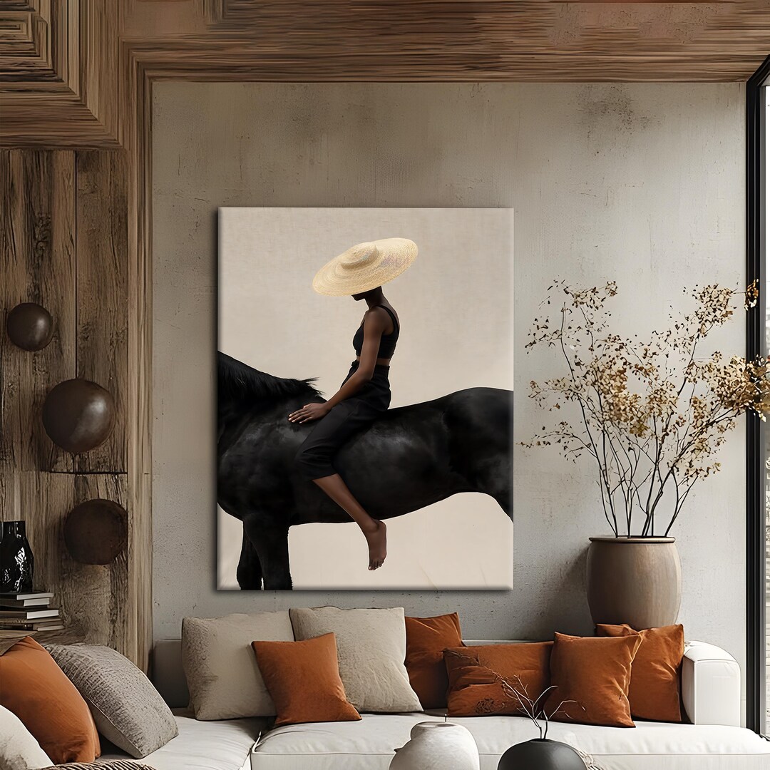 Black Horse Wall Art, African Woman Canvas Print, Minimalist Equestrian ...