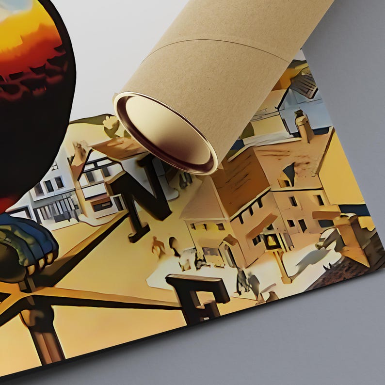 May include: A rolled-up poster with a cityscape illustration, featuring buildings and figures, and the letter "N" prominently displayed. The poster is in a brown tube with gold accents.