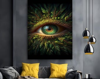 May include: A large canvas print featuring a detailed eye design. The eye's iris is a vibrant green, surrounded by a golden-yellow hue and framed by lush green leaves. The artwork is mounted on a dark wall above a gray sofa with yellow cushions.