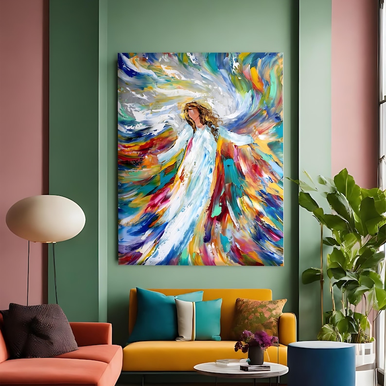 May include: Large abstract painting featuring a figure in a white gown with outstretched arms, surrounded by a vibrant explosion of color. The artwork uses bold brushstrokes and a palette of blues, yellows, reds, and whites.