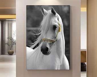 Elegant White Horse Canvas Art, Black and White Portrait, Animal Wall Decor