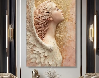 3D Angel Sculpture Canvas Art, Spiritual Wall Print Painting, Modern Office Decor