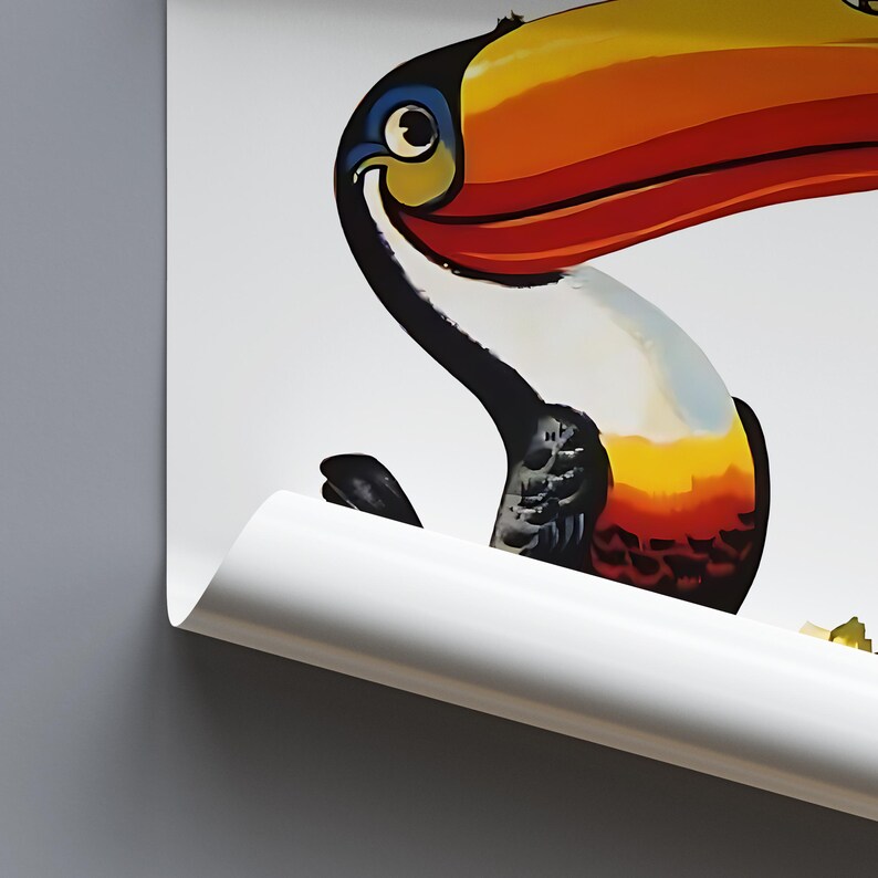May include: A vibrant toucan illustration with a large, colorful beak in shades of orange, red, and yellow. The bird's eye is detailed with black and white, set against a blue and yellow head. The artwork is on a white background.