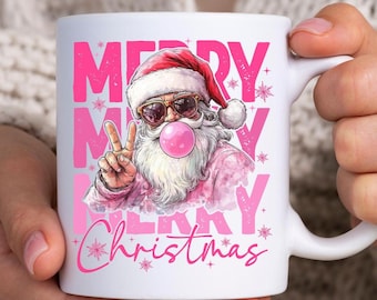 Merry Christmas Ceramic Mug Gift: Retro Santa, Bubblegum Peace Design