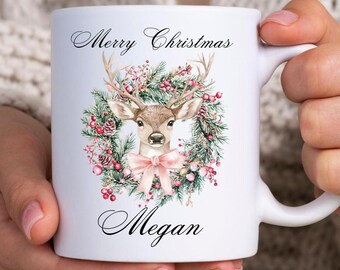 Personalised Christmas Mug: Ceramic Keepsake Gift, Custom Name, Deer & Wreath, Reindeer