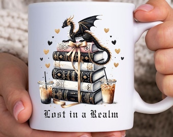 Dragon Mug: Lost in a Realm, Mythical Fantasy Coffee Book Lover, Bookish Gothic Medieval Gifts
