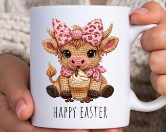Happy Easter Cow Lover Mug: Cute Pink Bow, Crochet style, Highland Cow Easter Egg Cup