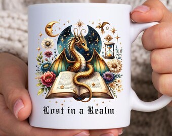 Dragon Mug: Lost in a Realm, Mythical Fantasy Book Lover, Bookish Gothic Medieval Gifts