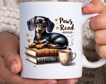 Book Lover Dog Mug: Paws Read Repeat, Dachshund Bookish Reader Gifts