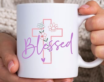 Blessed Ceramic Mug:  Floral Cross, Christian Coffee Cup, Faith Gifts