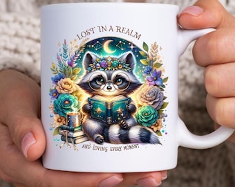 Book Lover Mug: Lost in a Realm, Mythical Fantasy Reader Gift, Cozy Reading Club, Celestial, Racoon