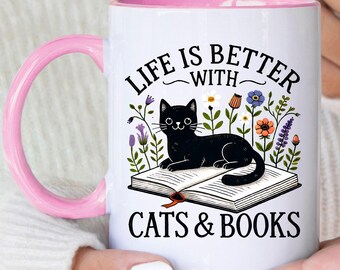 Book Lover Cat Mug: Life is Better with Cats and Books, Bookish Reader Gifts, Self Care