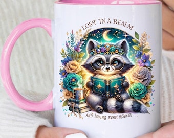 Racoon Ceramic Mug: Lost in a Realm, Romantasy, Mythical Fantasy Book Lover Gift, Cozy reading club, Celestial