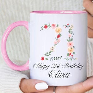 21st Birthday Ceramic Mug, Personalised Name Happy 21 Party Gift, Coffee Cup, Any Age, Custom gifts boho floral flower garland friend sister
