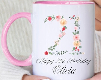 Personalised 21st Birthday Mug: 21 Boho Floral, Ceramic Keepsake Gift, Party Table Decorations