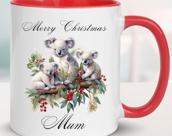Personalised Koala Christmas Mug: Mum Ceramic Keepsake Gift, Custom Name, Australia