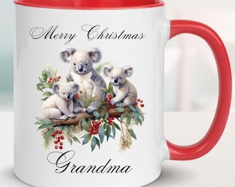 Personalised Koala Christmas Mug: Grandma Ceramic Keepsake Gift, Custom Name