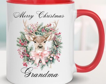 Personalised Christmas Mug: Grandma Nana Ceramic Keepsake Gift, Custom Name, Deer & Wreath