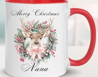 Personalised Christmas Mug: Nana Ceramic Keepsake Gift, Custom Name, Deer & Wreath