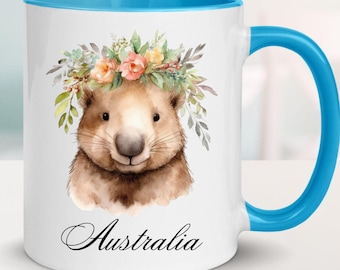 Australia Wombat Mug: Ceramic Australian Animal Keepsake Gift, Australia Day, Personalised Name