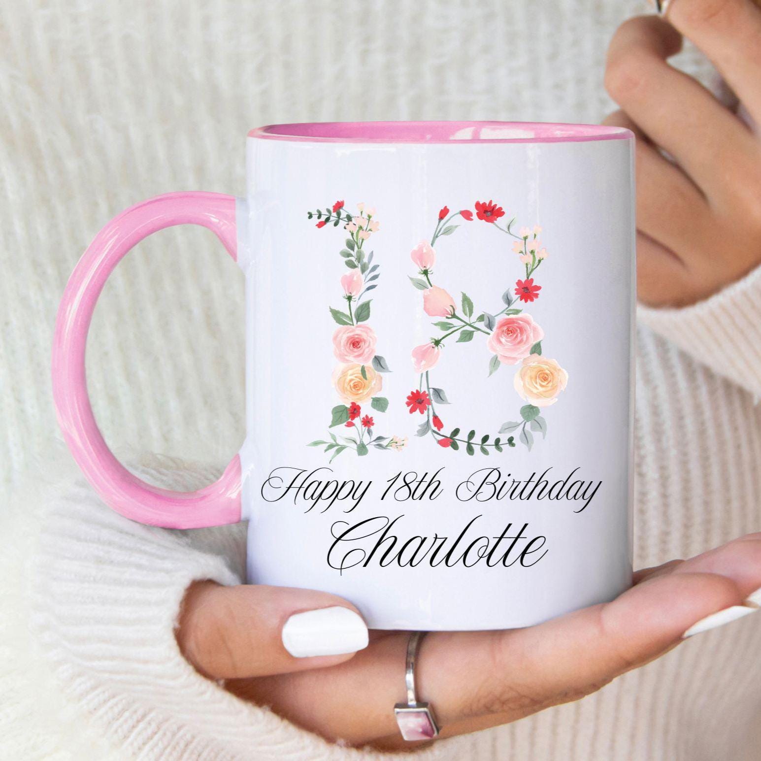 18th Birthday Ceramic Mug, Personalized Name Happy 18 Party Gift, Coffee Cup, Any Age, Custom keepsake gifts boho floral flower garland