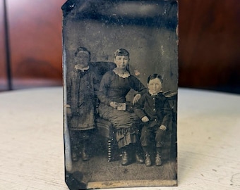 1870s Victorian Era Tintype Portrait of Mother and Two Sons Family Photograph