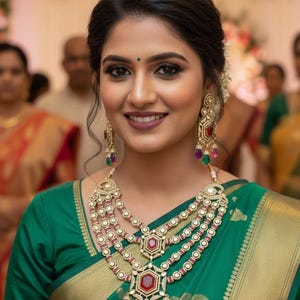 Puede incluir: Una mujer con un sari verde con ribetes dorados y un collar de varias capas con piedras preciosas rojas y transparentes. Pendientes a juego completan el look. La mujer sonríe, con cabello oscuro y maquillaje.