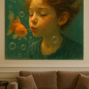 Original handgjord oljemålning, undervattensporträtt med gyllene toner och bubblor, canvasväggkonst.