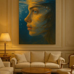 Original handgjord oljemålning, undervattensporträtt med gyllene toner och bubblor, canvastavla