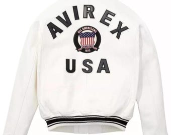 Avirex White Bomber American Flight Jacket Original Cowhide Leather Jacket
