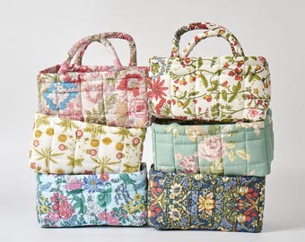Vintage Floral Quilted Basket, Rustic Mini Tote Bag, Cotton Makeup Bag, Flower Print Small Storage Bag, Bridesmaid Gift, Gift Basket