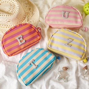 Personalized Initial Cosmetic Bag, Custom Striped Makeup Pouch, Travel Toiletry Organizer, Bridesmaid Gift for Her
