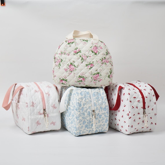 Thermal Lunch Box for School, Quilted Floral Lunch Tote Bag, Floral Cherry Print Insulated Cooler, Work, Picnic, Gift for Her