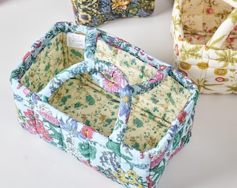 Vintage Floral Quilted Basket, Rustic Mini Tote Bag, Cotton Makeup Bag, Flower Print Small Storage Bag, Bridesmaid Gift, Gift Basket