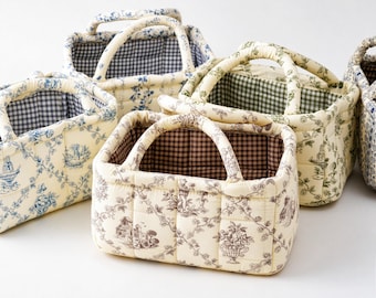 Kosz pikowany w kwiaty w stylu vintage, rustykalna mini torba typu tote, bawełniana kosmetyczka, mała torba do przechowywania z nadrukiem kwiatowym, prezent dla druhny, kosz prezentowy