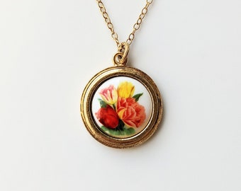 Colorful Flower Jewelry Necklace Pendant, Vintage Image of Red, Orange, Yellow Tulips and Carnation on Porcelain by Michelle Meyer