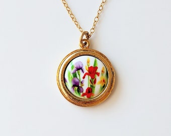 Colorful Iris Jewelry Necklace Pendant, Orange, Purple, Yellow Flowers on Porcelain, Original Image Painted by Michelle Meyer