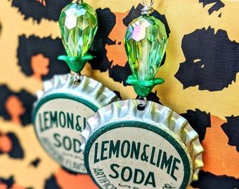 Green Lemon & Lime Soda Vintage Bottle Cap Earrings