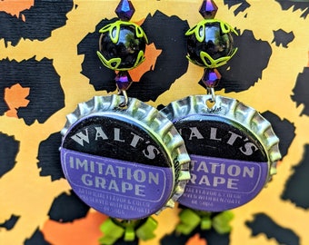 Purple/Green Grape Bottle Cap Earrings w/Bow