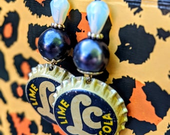 Blue Pearl Vintage Bottle Cap Earrings