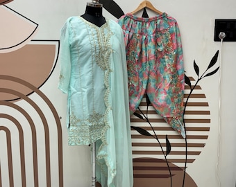 Sky Blue Georgette Punjabi Suit, Embroidery Sequence Work, Dupatta & Dhoti